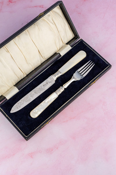 1902 Mother of Pearl and Sterling Cake Knife & Fork
