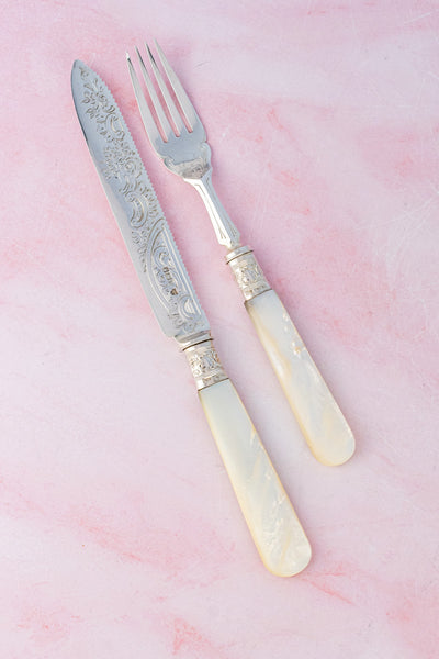 1902 Mother of Pearl and Sterling Cake Knife & Fork