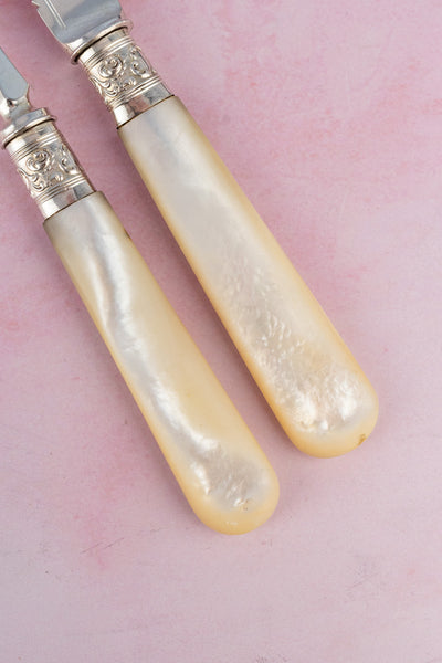 1902 Mother of Pearl and Sterling Cake Knife & Fork
