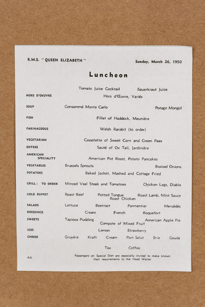 Vintage Framed H.M.S. Queen Elizabeth Cunard Menu