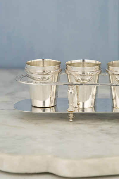 Antique French Silverplate Digestif Glasses in Caddy - Set of 6