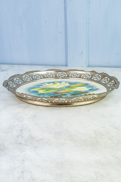 Antique Ceramic & Metal Floral Gallery Tray