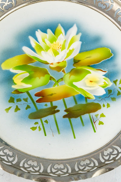 Antique Ceramic & Metal Floral Gallery Tray