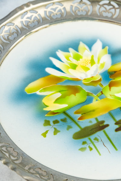 Antique Ceramic & Metal Floral Gallery Tray