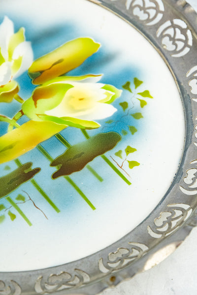 Antique Ceramic & Metal Floral Gallery Tray