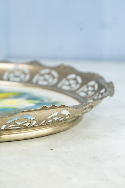 Antique Ceramic & Metal Floral Gallery Tray