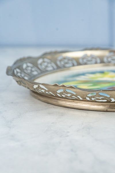 Antique Ceramic & Metal Floral Gallery Tray