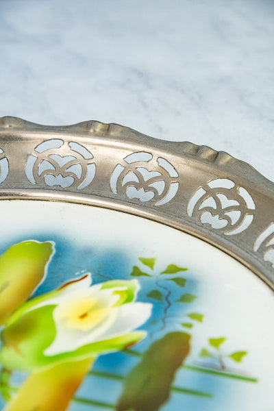 Antique Ceramic & Metal Floral Gallery Tray