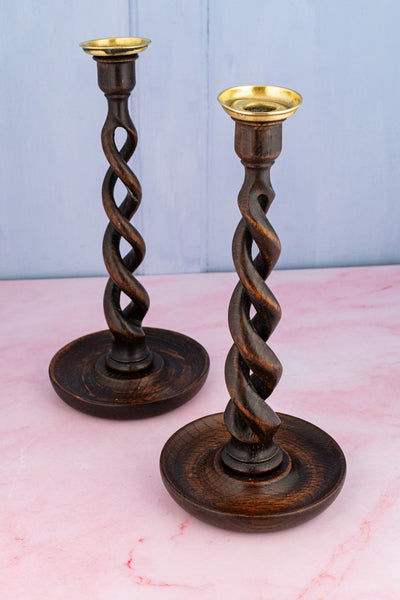 Antique English Barley Twist Wood Candlestick Pair