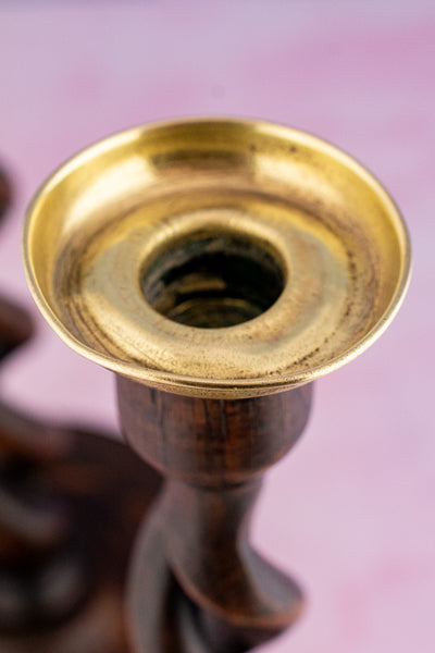 Antique English Barley Twist Wood Candlestick Pair