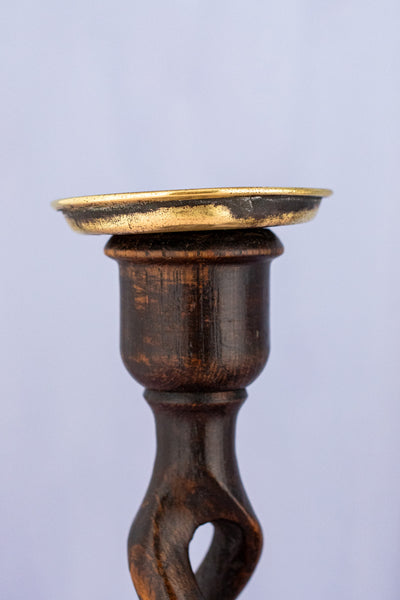 Antique English Barley Twist Wood Candlestick Pair