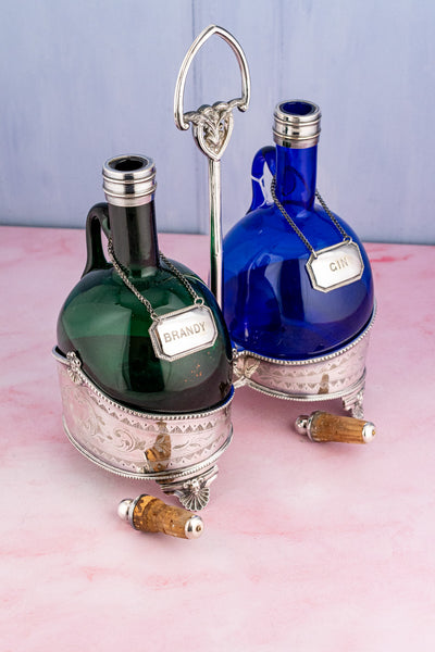 Antique English Blown Glass and Silverplate Decanter Set