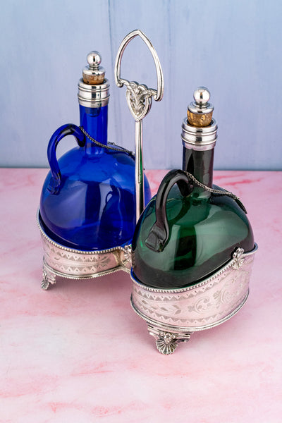 Antique English Blown Glass and Silverplate Decanter Set