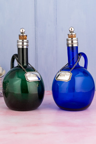 Antique English Blown Glass and Silverplate Decanter Set