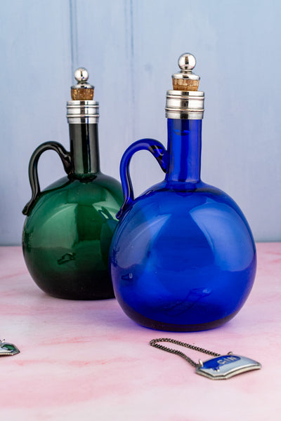 Antique English Blown Glass and Silverplate Decanter Set