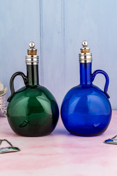 Antique English Blown Glass and Silverplate Decanter Set