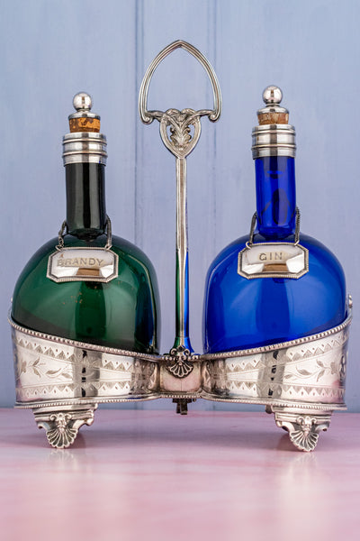 Antique English Blown Glass and Silverplate Decanter Set