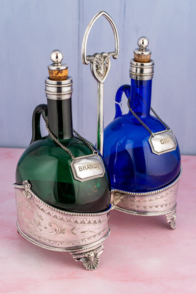 Antique English Blown Glass and Silverplate Decanter Set