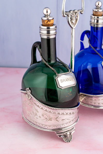 Antique English Blown Glass and Silverplate Decanter Set