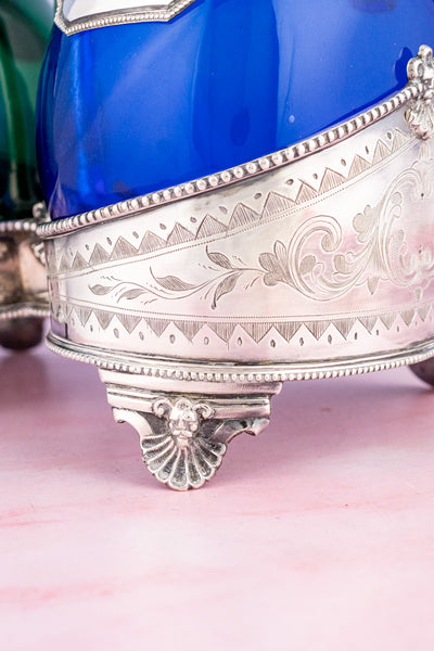 Antique English Blown Glass and Silverplate Decanter Set