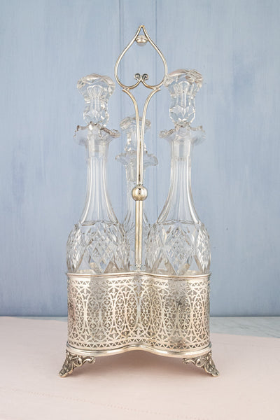 Antique English Silverplate & Cut Crystal Decanter Stand