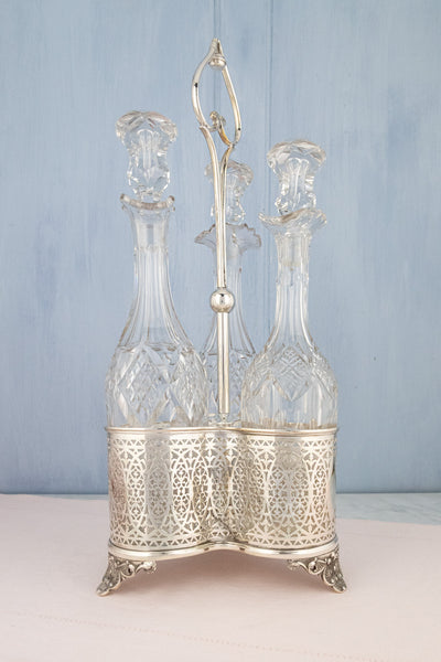 Antique English Silverplate & Cut Crystal Decanter Stand