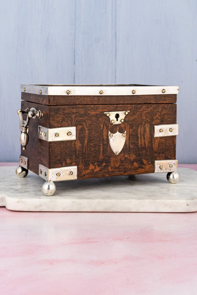Antique English Oak & Silverplate Tea Caddy