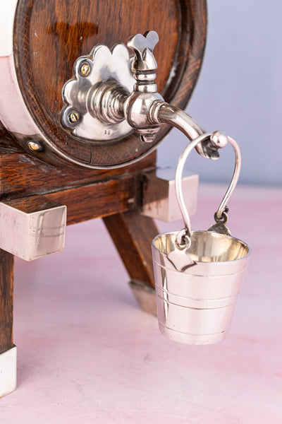 Antique English Oak and Silverplate Spirits Dispenser & Stand