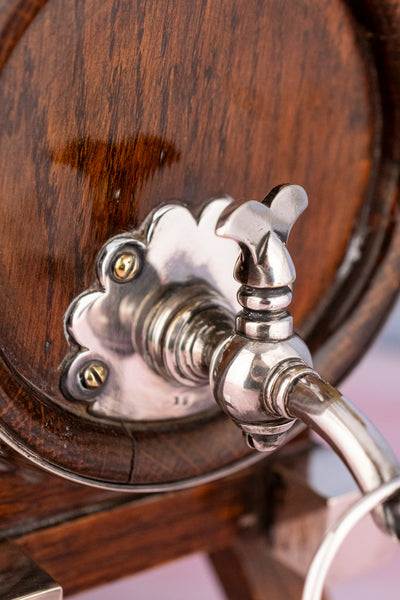 Antique English Oak and Silverplate Spirits Dispenser & Stand