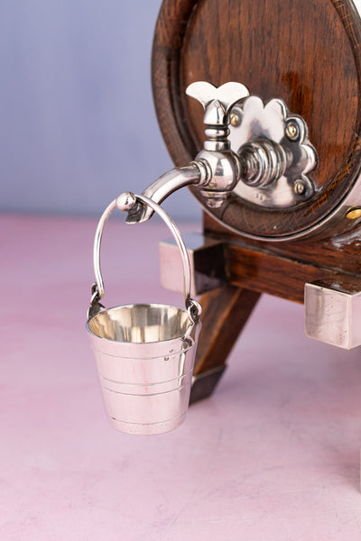 Antique English Oak and Silverplate Spirits Dispenser & Stand