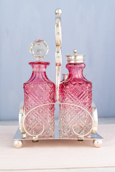 Antique English Silverplate & Blush Cut Crystal Condiment Stand