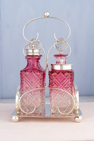 Antique English Silverplate & Blush Cut Crystal Condiment Stand