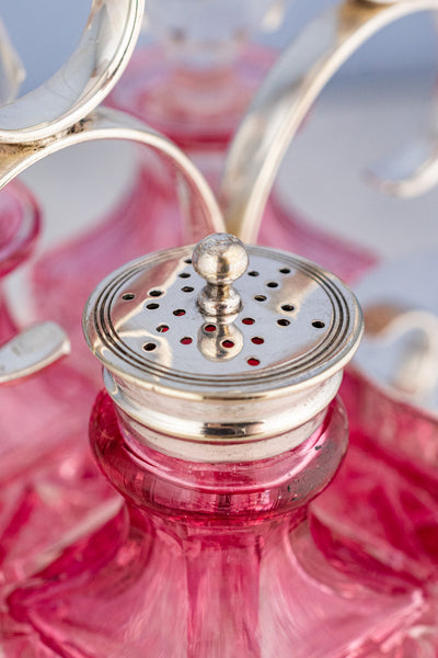 Antique English Silverplate & Blush Cut Crystal Condiment Stand
