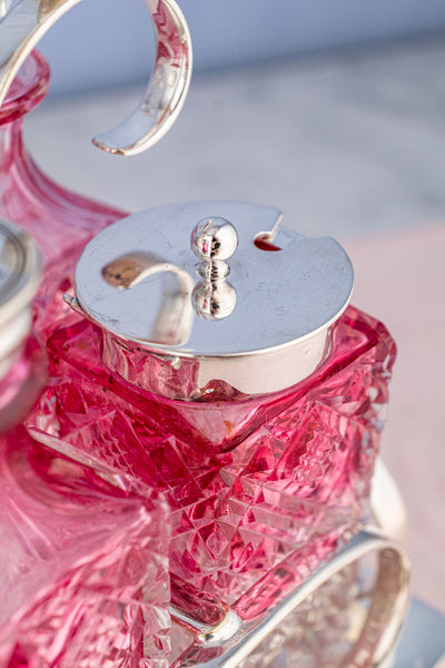 Antique English Silverplate & Blush Cut Crystal Condiment Stand