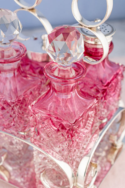 Antique English Silverplate & Blush Cut Crystal Condiment Stand