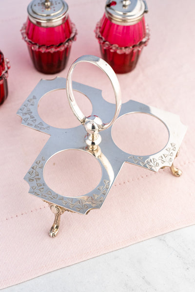 Antique English Silverplate and Cranberry Glass Condiment Stand