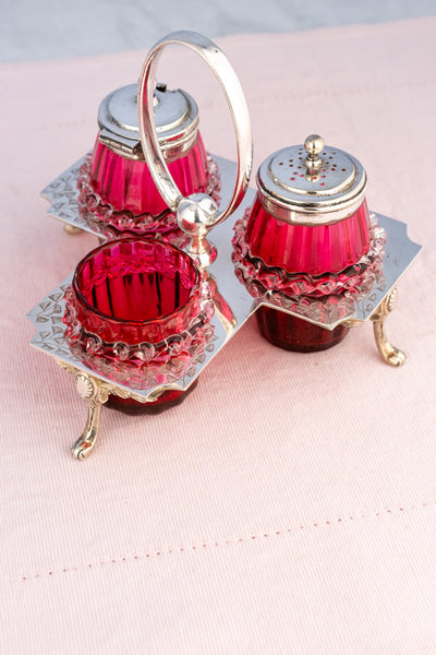 Antique English Silverplate and Cranberry Glass Condiment Stand