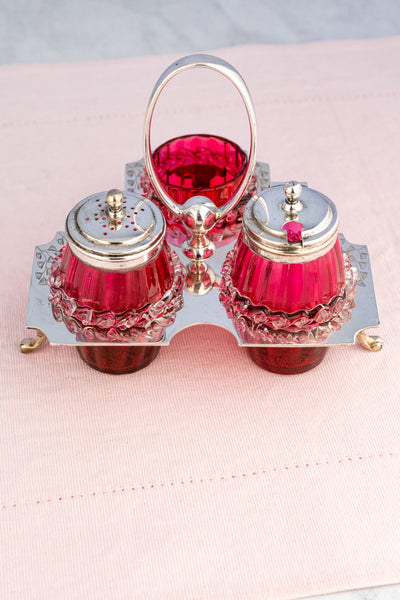 Antique English Silverplate and Cranberry Glass Condiment Stand