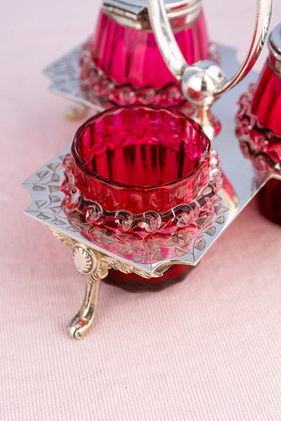 Antique English Silverplate and Cranberry Glass Condiment Stand