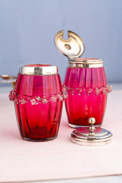 Antique English Silverplate and Cranberry Glass Condiment Stand
