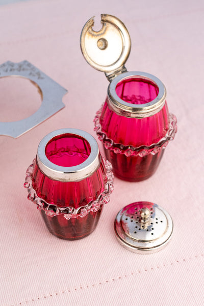 Antique English Silverplate and Cranberry Glass Condiment Stand