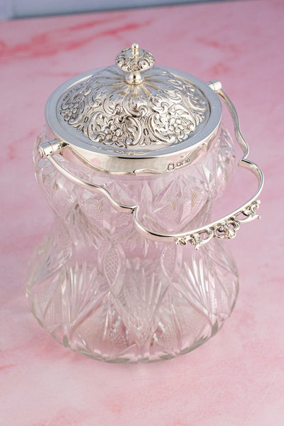 Victorian English Sterling Silver and Cut Glass Biscuit Barrel