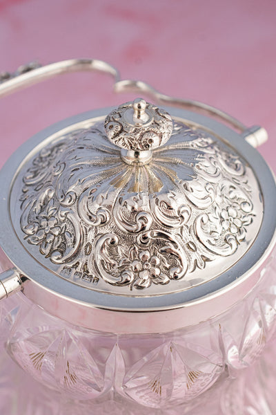 Victorian English Sterling Silver and Cut Glass Biscuit Barrel