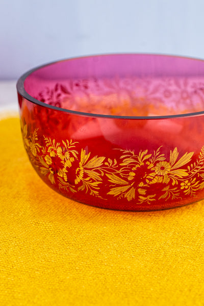 Antique Engraved Cranberry Glass Bowl