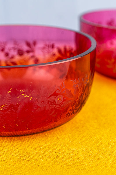 Antique Engraved Cranberry Glass Bowl