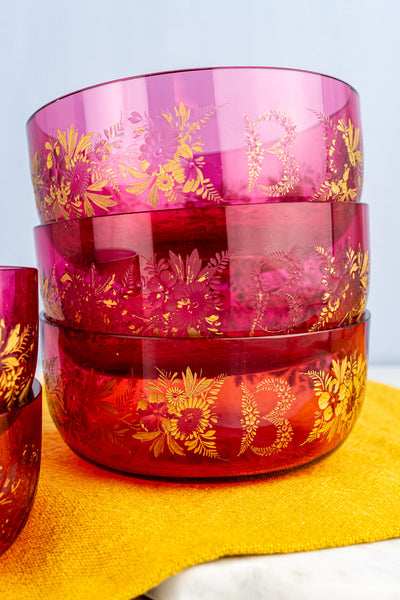 Antique Engraved Cranberry Glass Bowl