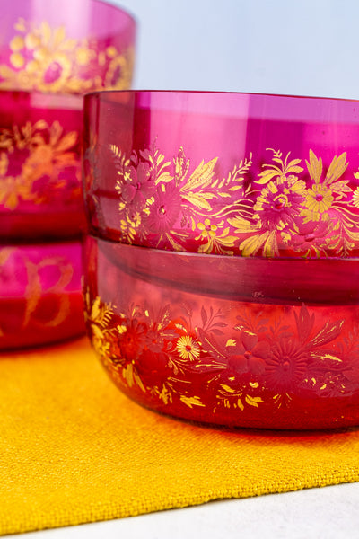 Antique Engraved Cranberry Glass Bowl