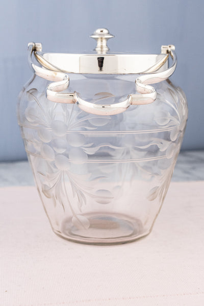 Antique Engraved Glass & Silverplate Biscuit Barrel