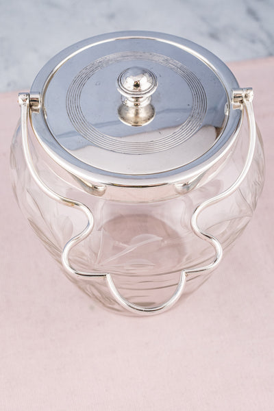 Antique Engraved Glass & Silverplate Biscuit Barrel