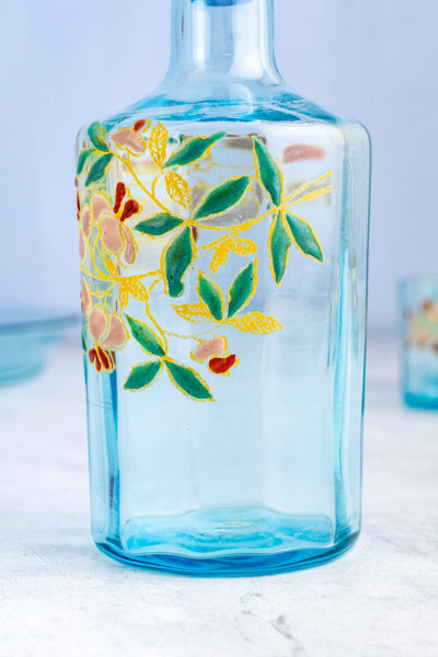 Antique French Enameled Glass Decanter with Glasses & Tray